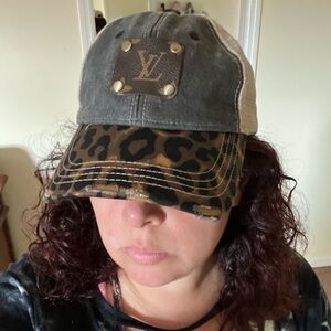 Boutique distressed women’s leopard, denim baseball hat w/ Louis Vuitton patch